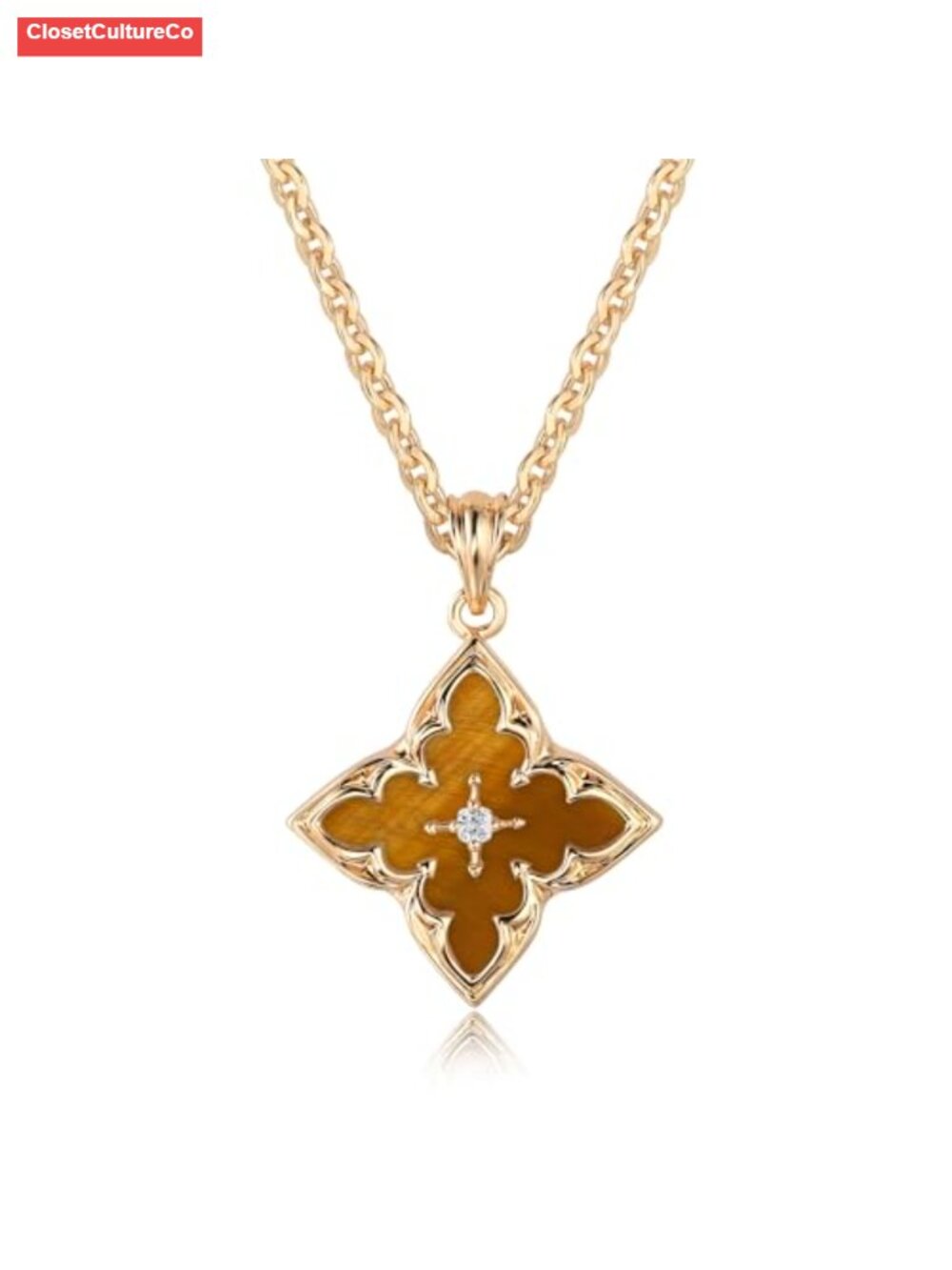 Gold Plated Clover Pendant Necklace with Natural Tiger's Eye Stone